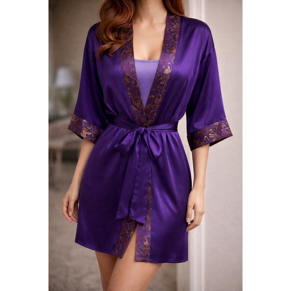 Sopré Lingerie Purple‎ Satin Kimono Robe S/M Paisley Trim Belted Sleepwear